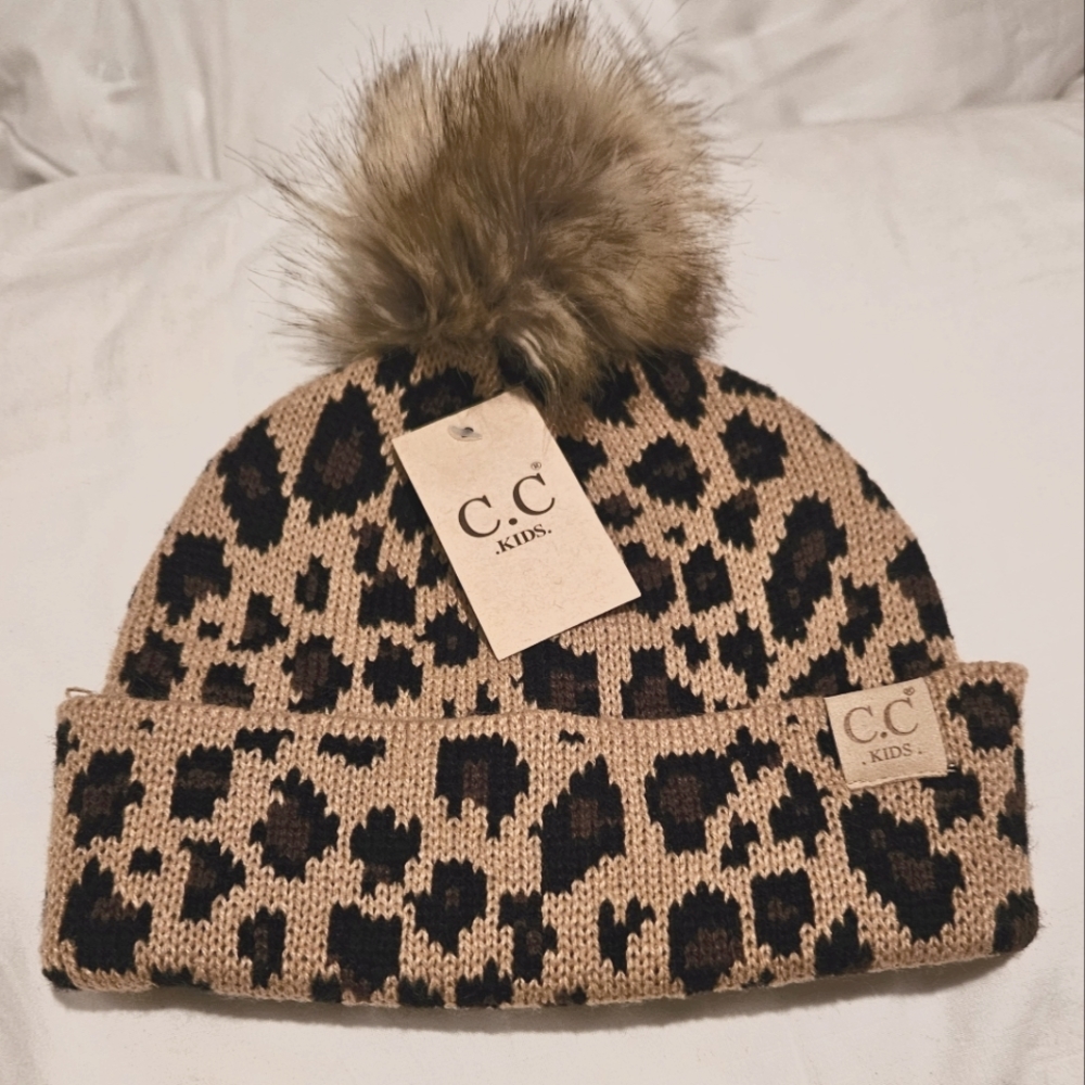 C.C. Kids Pom Beanie with Cheetah Print